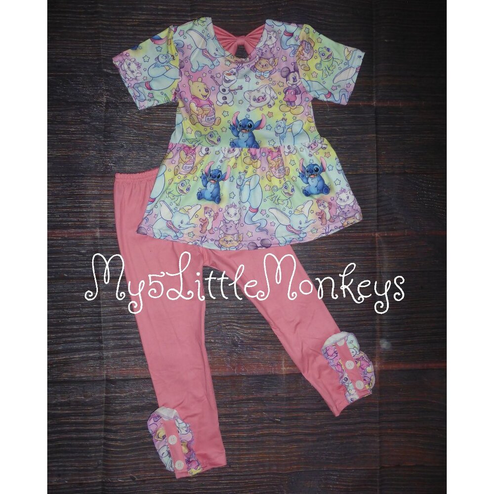 Boutique Cartoon Pooh Dumbo Stitch Olaf Tunic & Ruffle Leggings Outfit Set